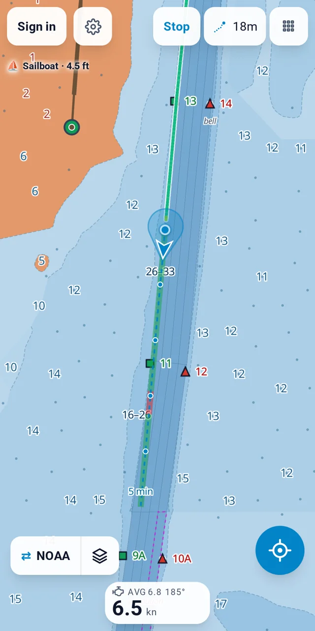 Actual Chart screen underway: a boat position, recorded track and charted harbour depths